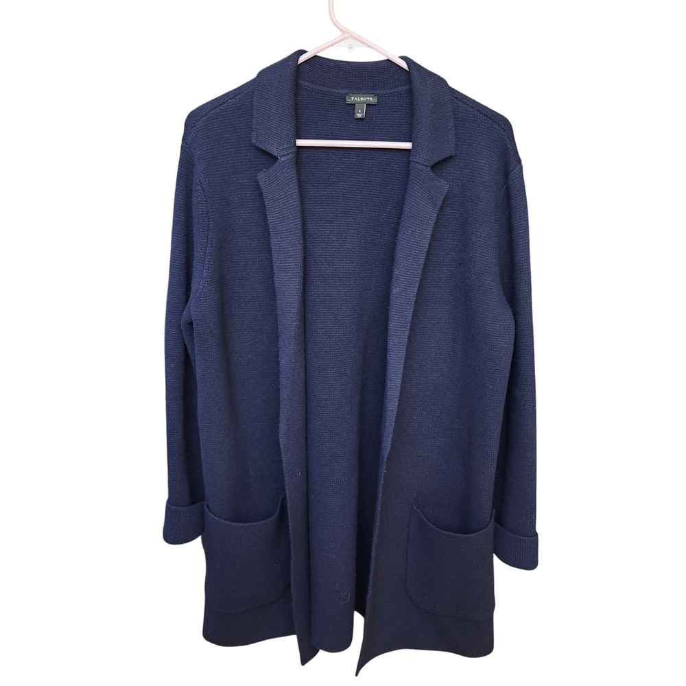 Talbots Navy Blue Knit Collarless Open Front Long Cardigan Sweater Jacket Size S